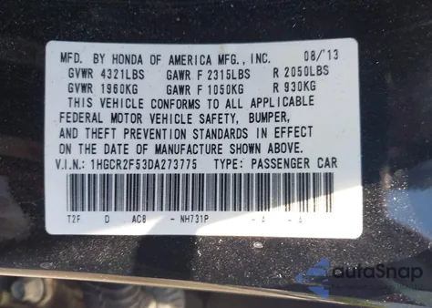 2013 Honda Accord Sport z USA, uszkodzony, nr VIN 1HGCR2F53DA273775